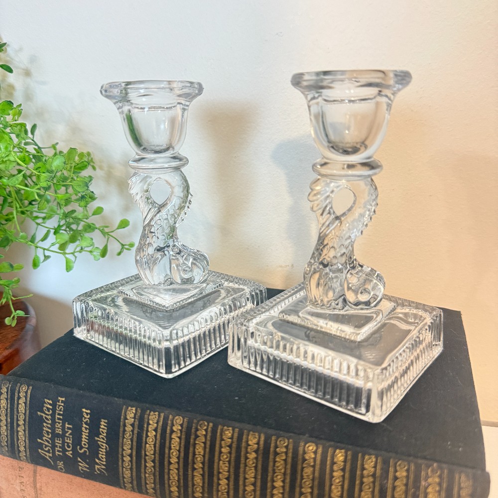 Pressed Glass Dolphin Candlestick Holders, Pair