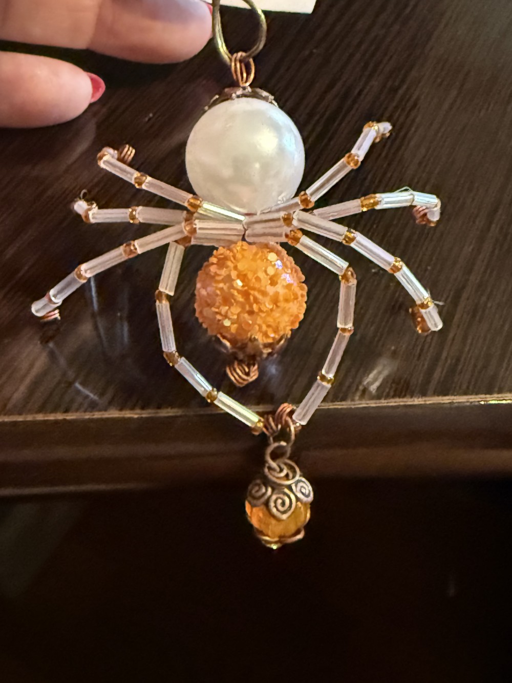 Ornament - Spider Orange & Pearl w/ Dangle