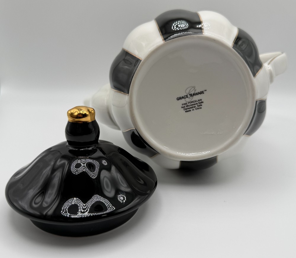 Grace Teaware Black and White Striped Scallop Porcelain Teapot