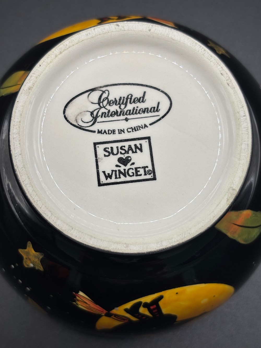 Halloween tableware bowl black w/witch & moon Susan Winget