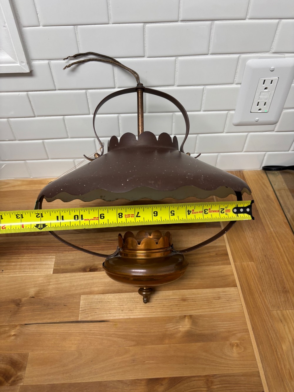 Hanging Swag Lamp Vintage Brown Metal Scalloped Shade Brass Pendant Light