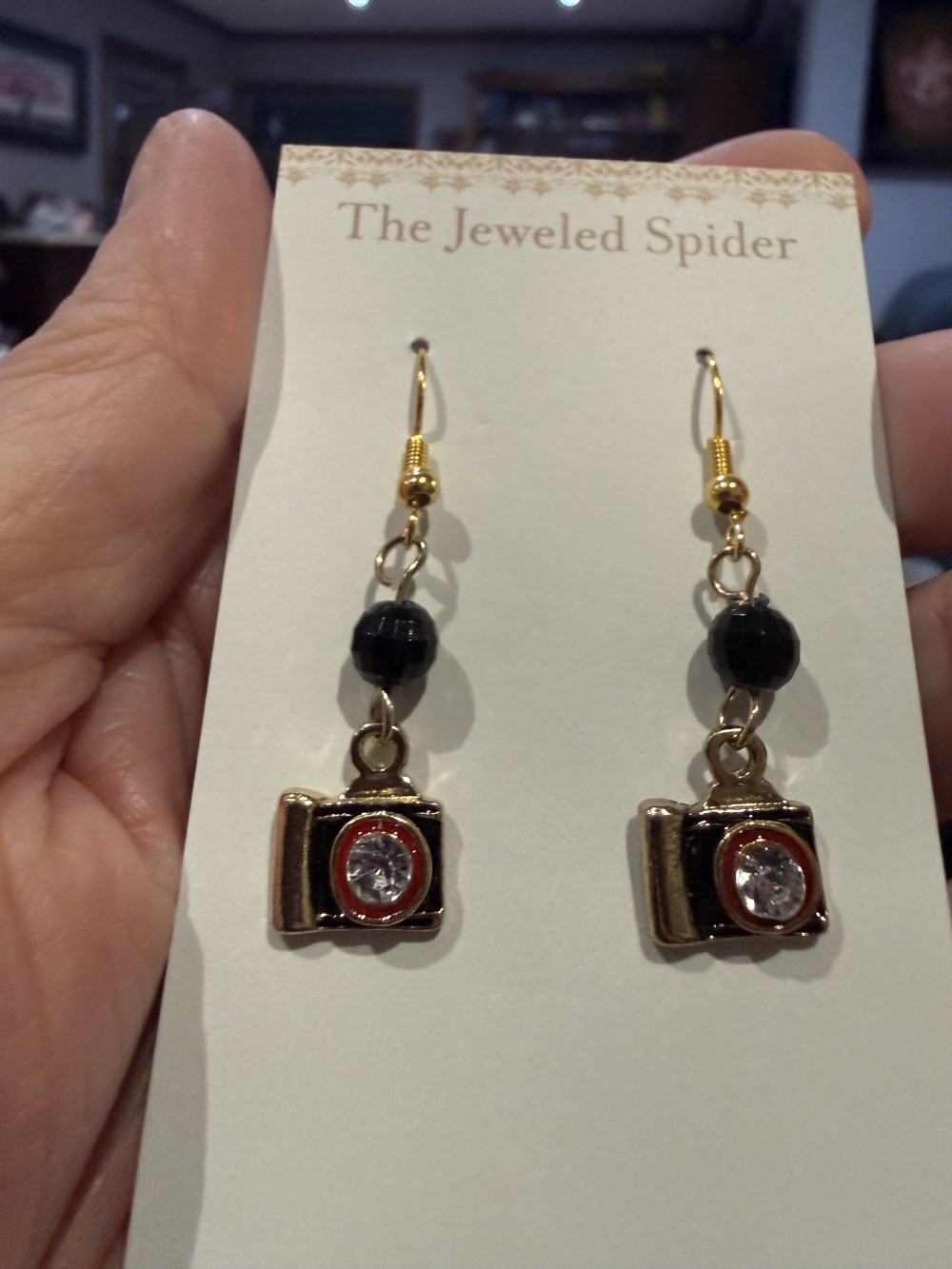 Earrings - Camera and Black Bead Gold