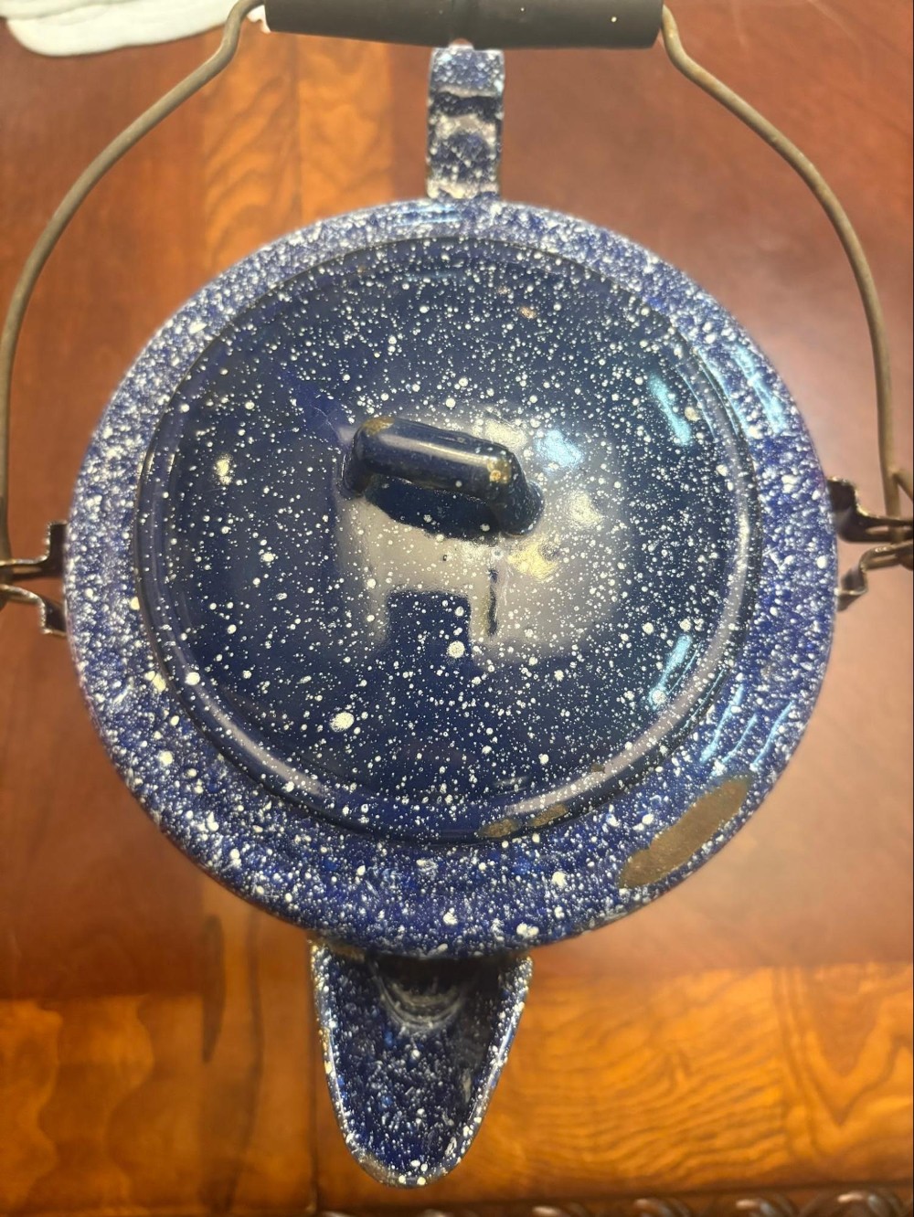 Blue Speckled Graniteware Camp Coffee Pot w/Lid
