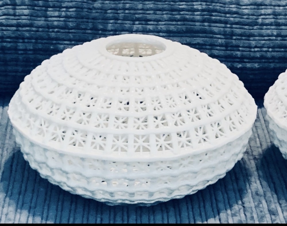 Vintage Diana Cyan Design Reticulated Porcelain  Vases / Bowls - Milk White Open Basket Weave Vases - set of 2 - see pics