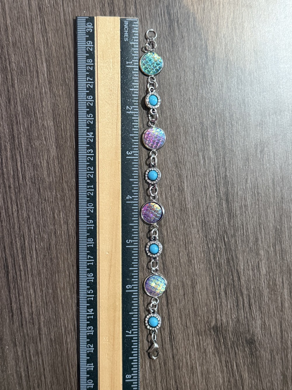 Bracelet Mermaid or Dragon Skin Medallions with Teal & Rhinestone Accents