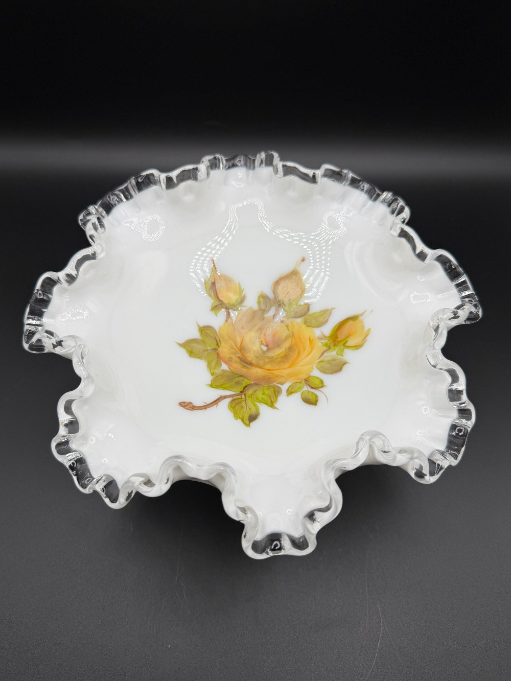Vintage Fenton Silver Crest Milk Glass Footed Compote – Hand Painted Yellow Roses (Circa 1969-1970)