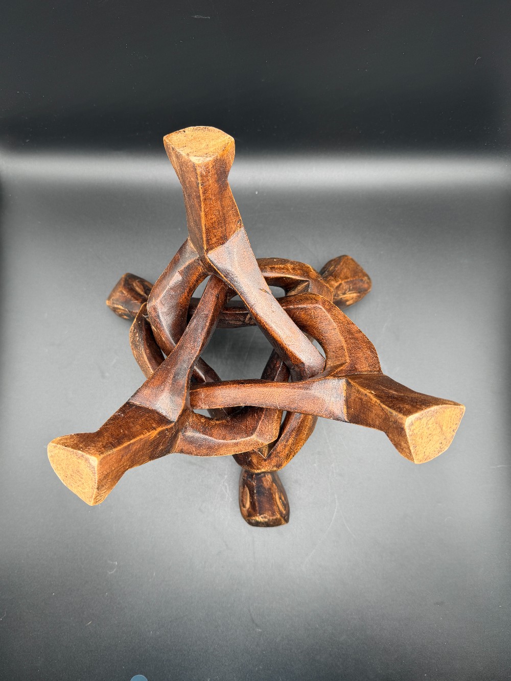Vintage Hand-Carved African Wood Unity Plant Stand- Single Piece Interlocking Tripod Display