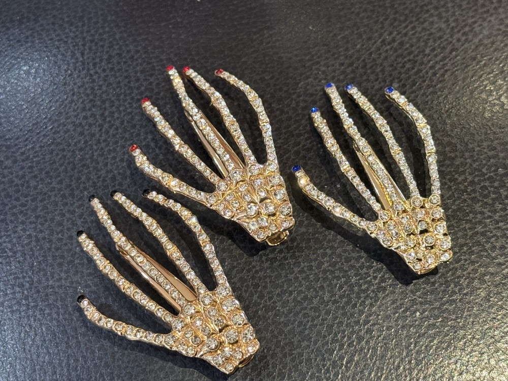 Hair Clips - Rhinestone Golden Skeleton Hands Jeweled Nails