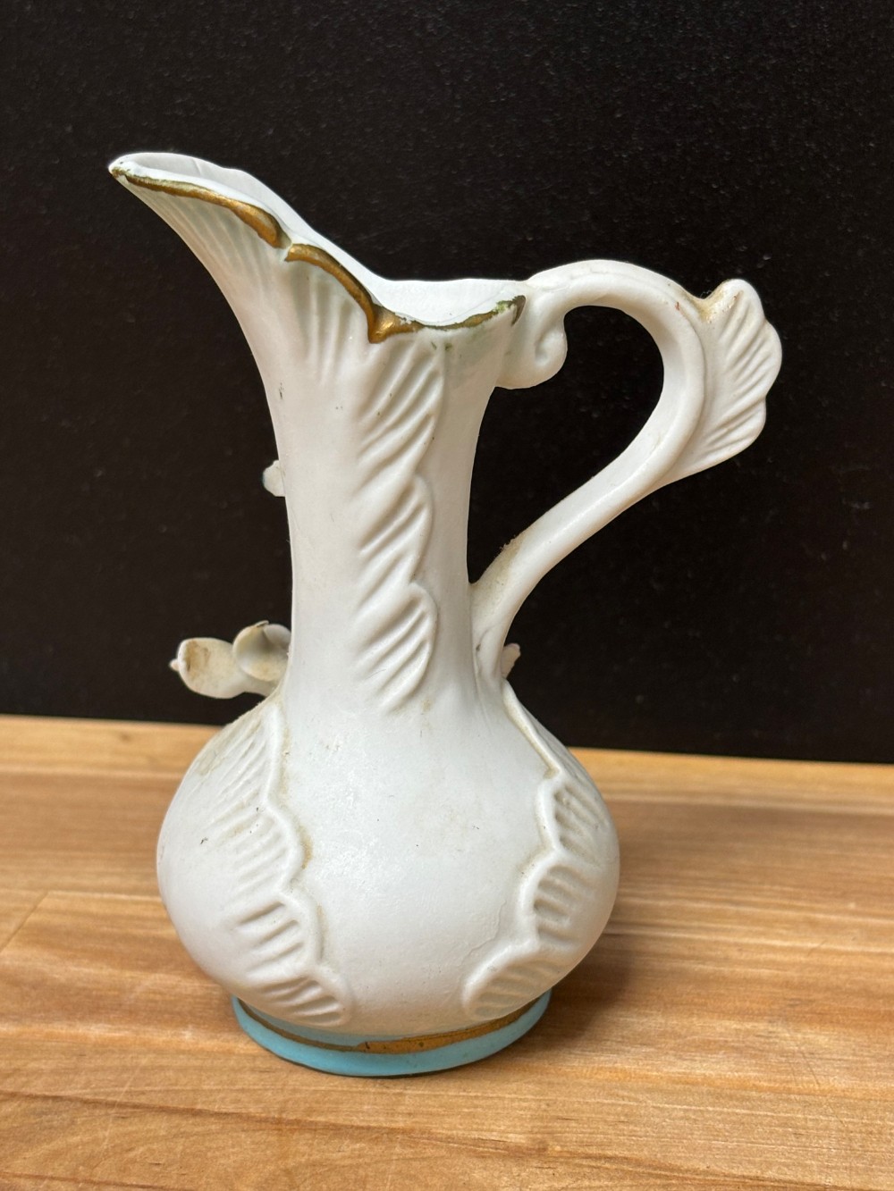 Vintage Ceramic Bisque Floral Ewer Pitcher Applied Flowers Gold Trim 4 Inch