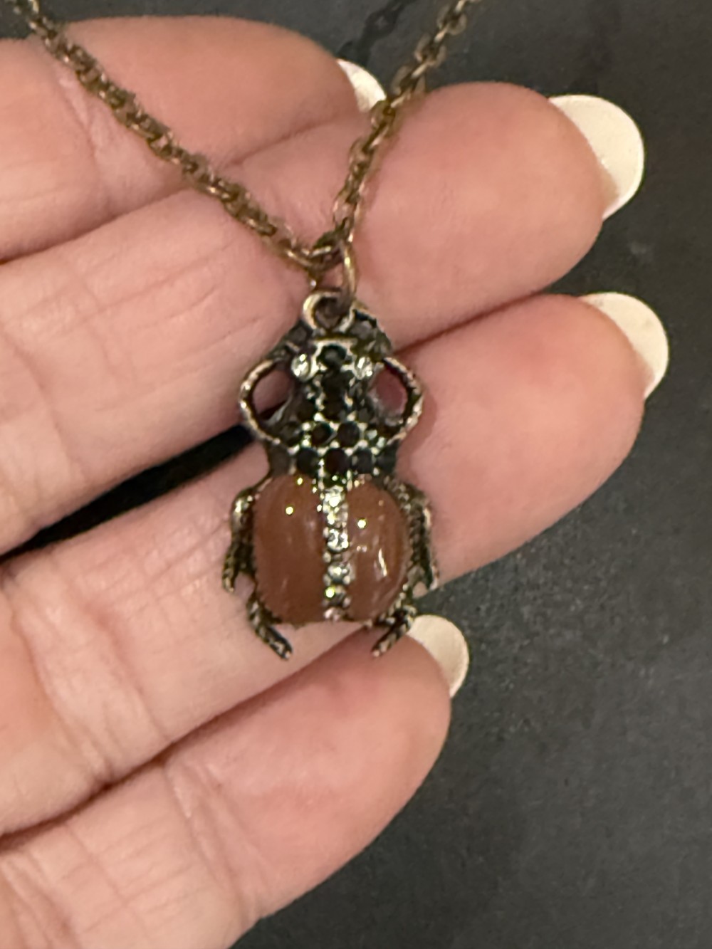 Necklace - Scarab, Beetle Brown Enamel Bronze & Rhinestones
