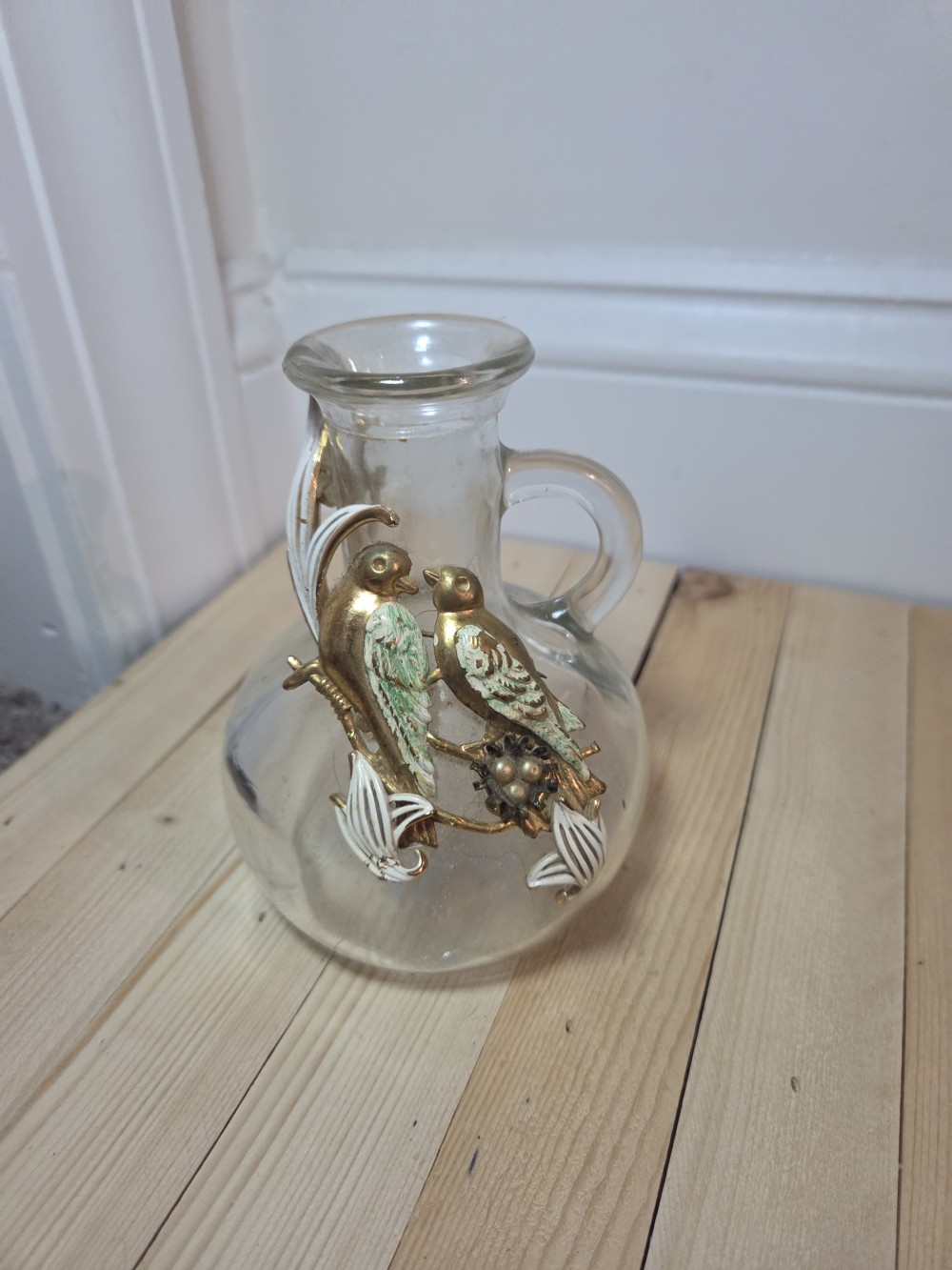 VTG Glass Pitcher w/Metal Birds
