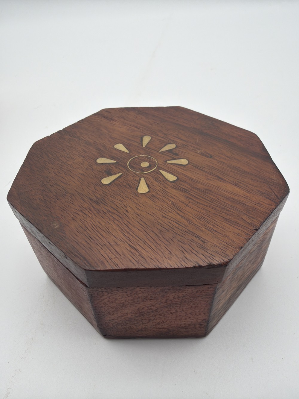 Vintage Octagonal Wood Box with Brass Inlay