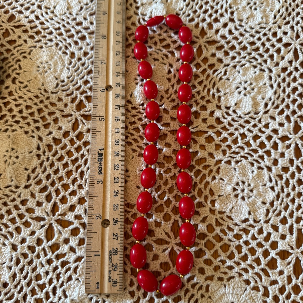 Cherry Red Oval Bead Necklace Gold Spacers
