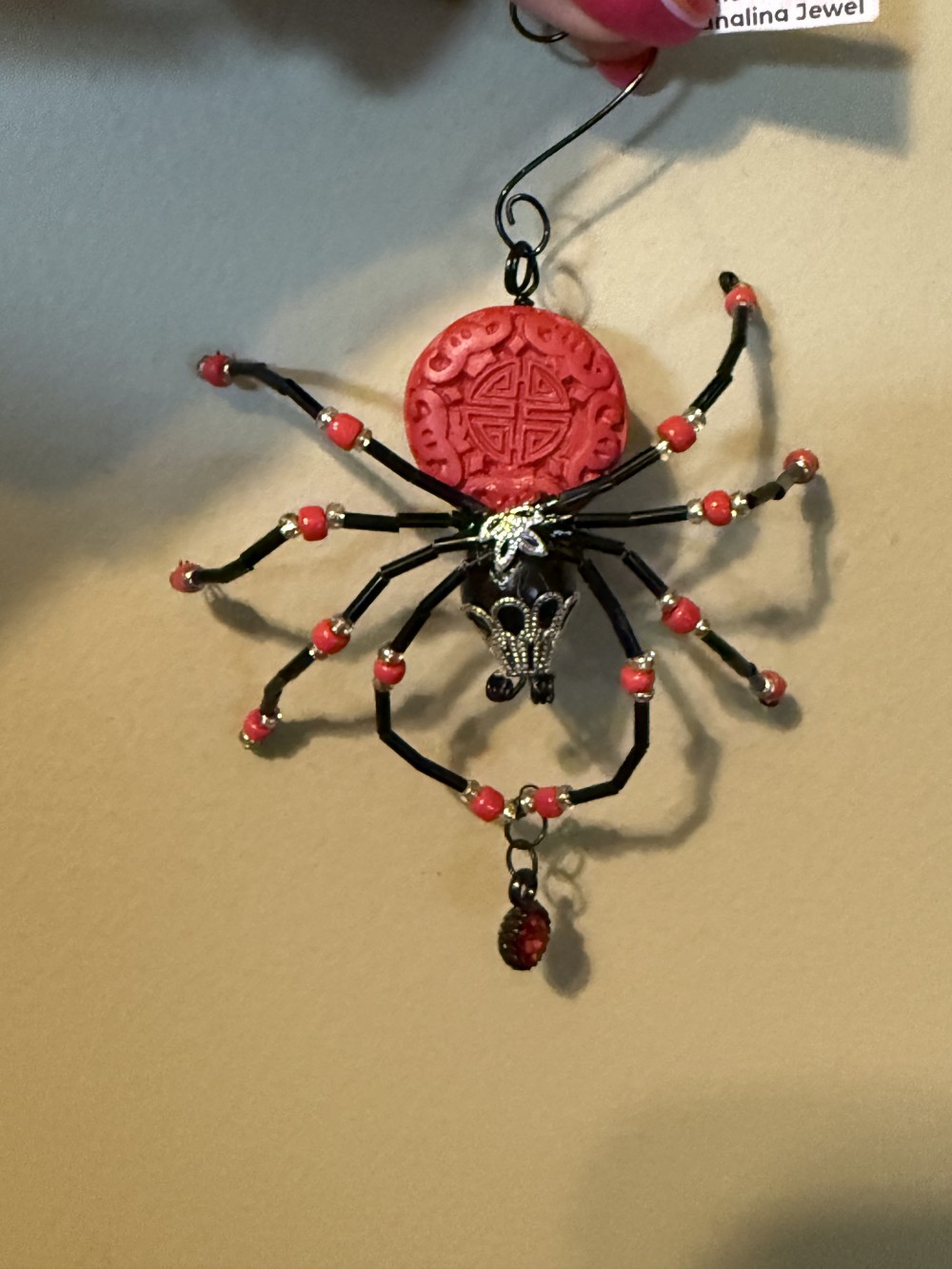Spider Ornament - Red and Black w Dangling Jewel