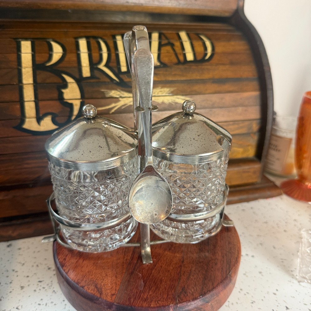Leonard Silver Plated Condiment Jar Caddy with Spoon, Korea - DANA