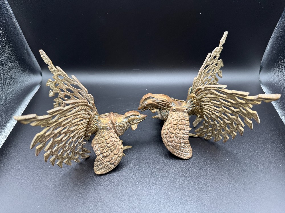 Mid-Century Open-Lattice Brass Fighting Roosters Gamecocks- Pair
