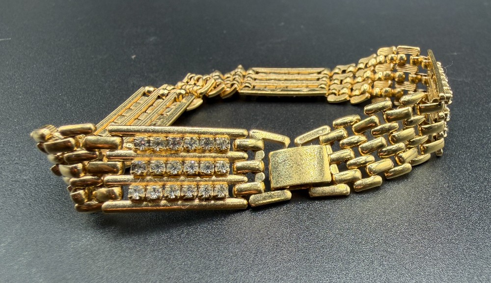Vintage Gold Tone Rhinestone Panel Brick Link Bracelet - 1950s Mid-Century Gate Style