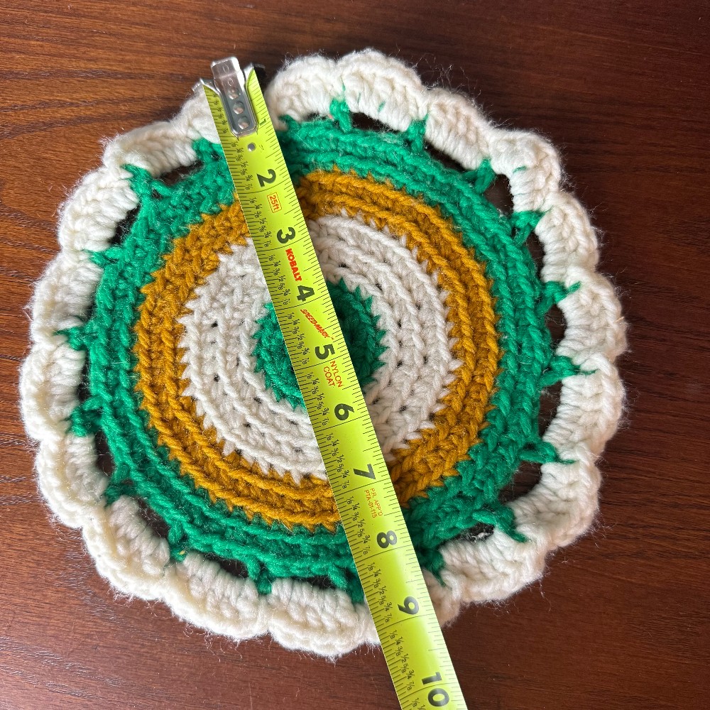 Vintage Handmade Crochet Round Trivet, Cream Green & Gold Scalloped Edge