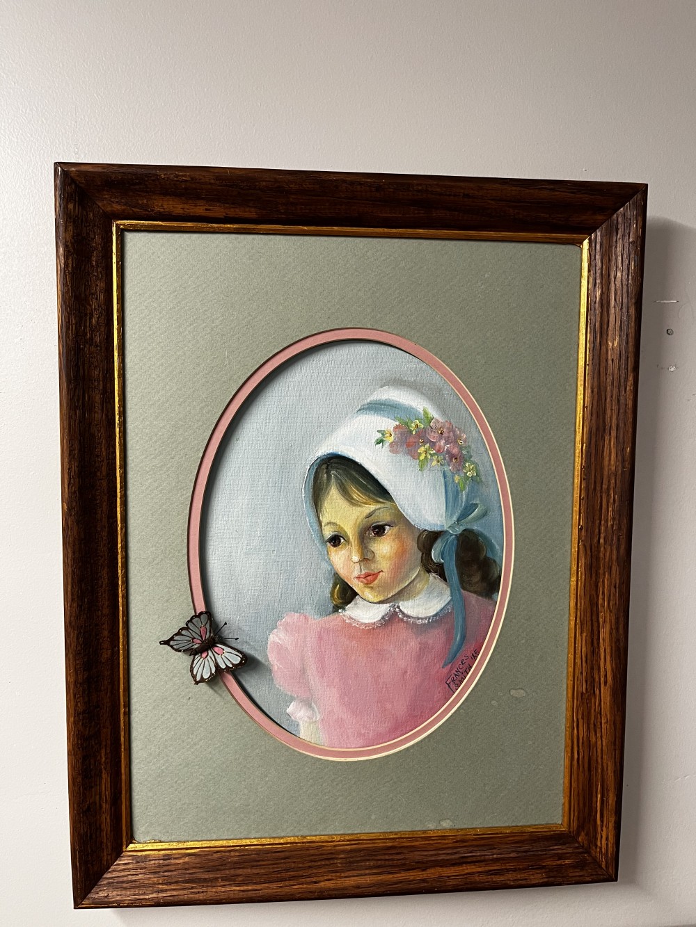 Vtg girl & butterfly painting