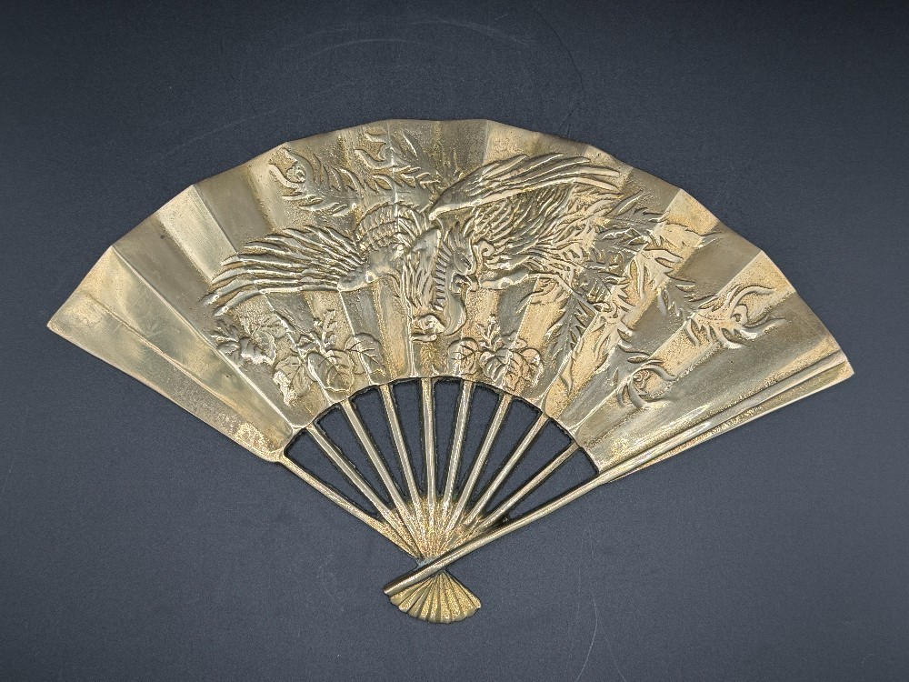 Vintage Solid Brass Phoenix Fan Wall Plaque - Mid-Century Chinoiserie Decor