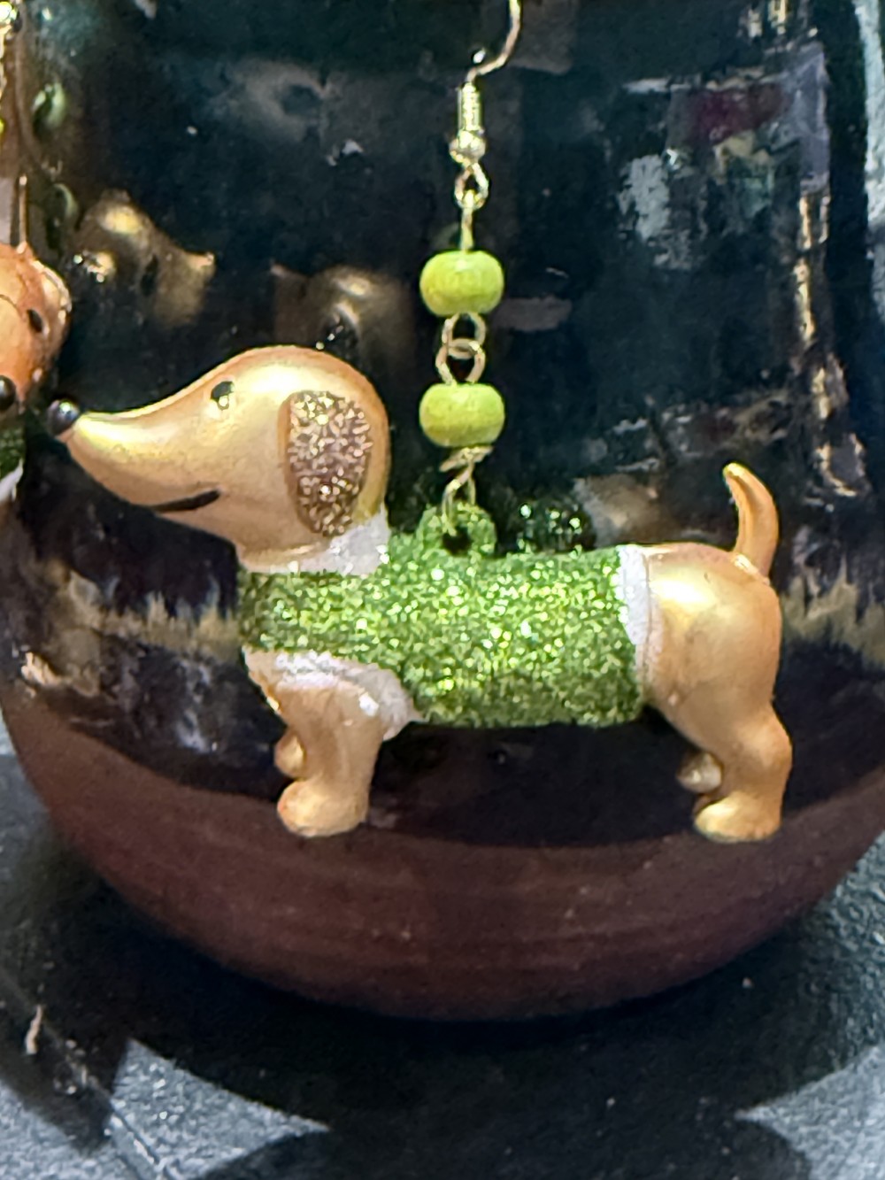 Earrings - Dachshund in Green Glittered Sweater, Doxie, Dog