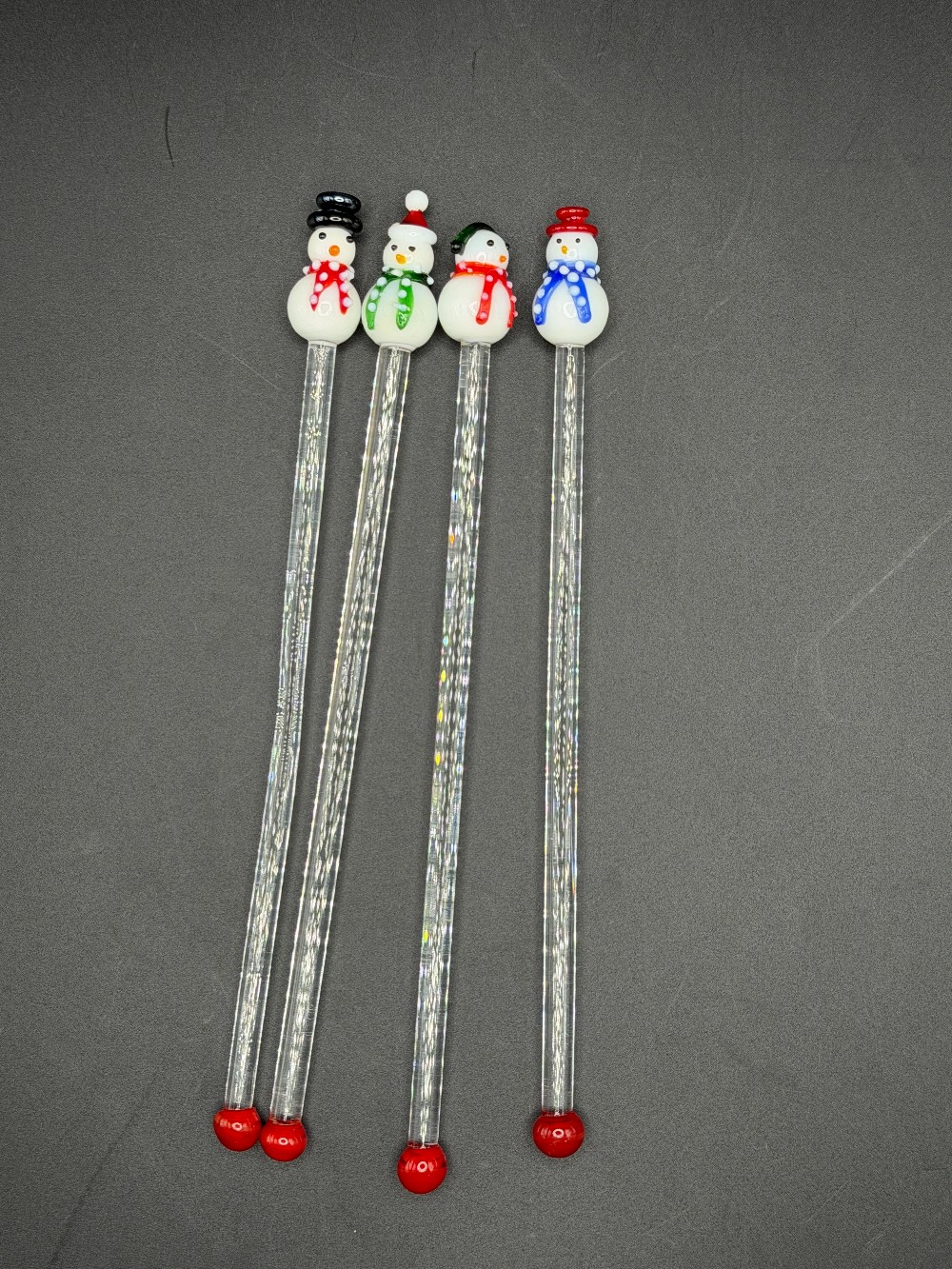 Hand-Blown Art Glass Snowman Swizzle Sticks Cocktail Stirrers (Set of 4)