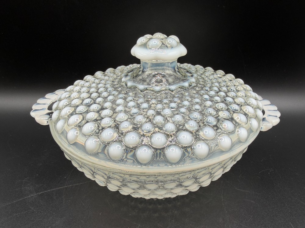 1940s Anchor Hocking Moonstone Opalescent Hobnail Covered Candy Dish with Handles