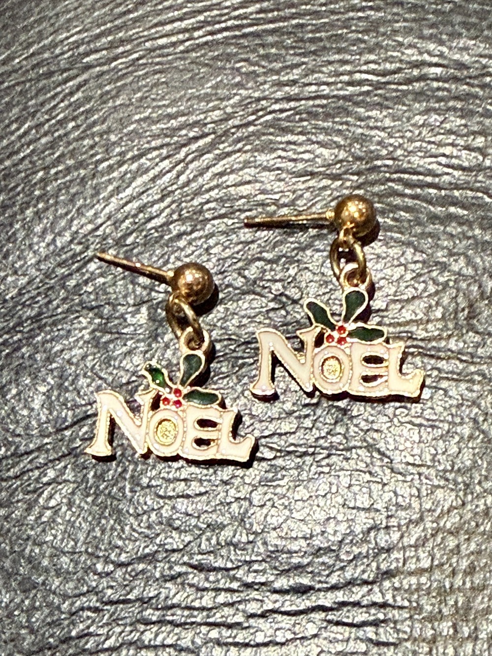 Stud Earrings - Noel with Christmas Holly in Gold and Enamel