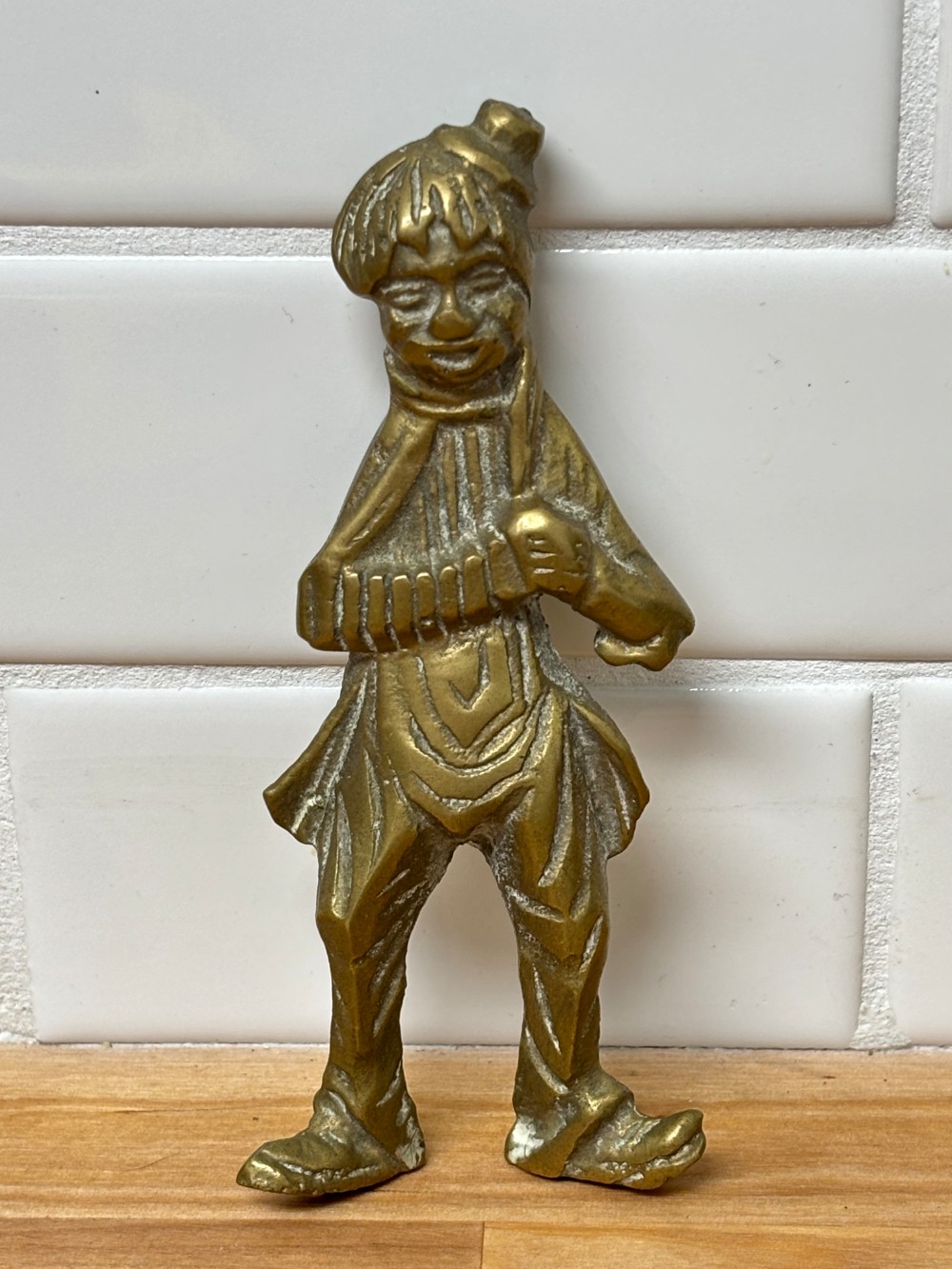 Brass Clown Accordion Player Wall Plaque Vintage Cast Brass Figure