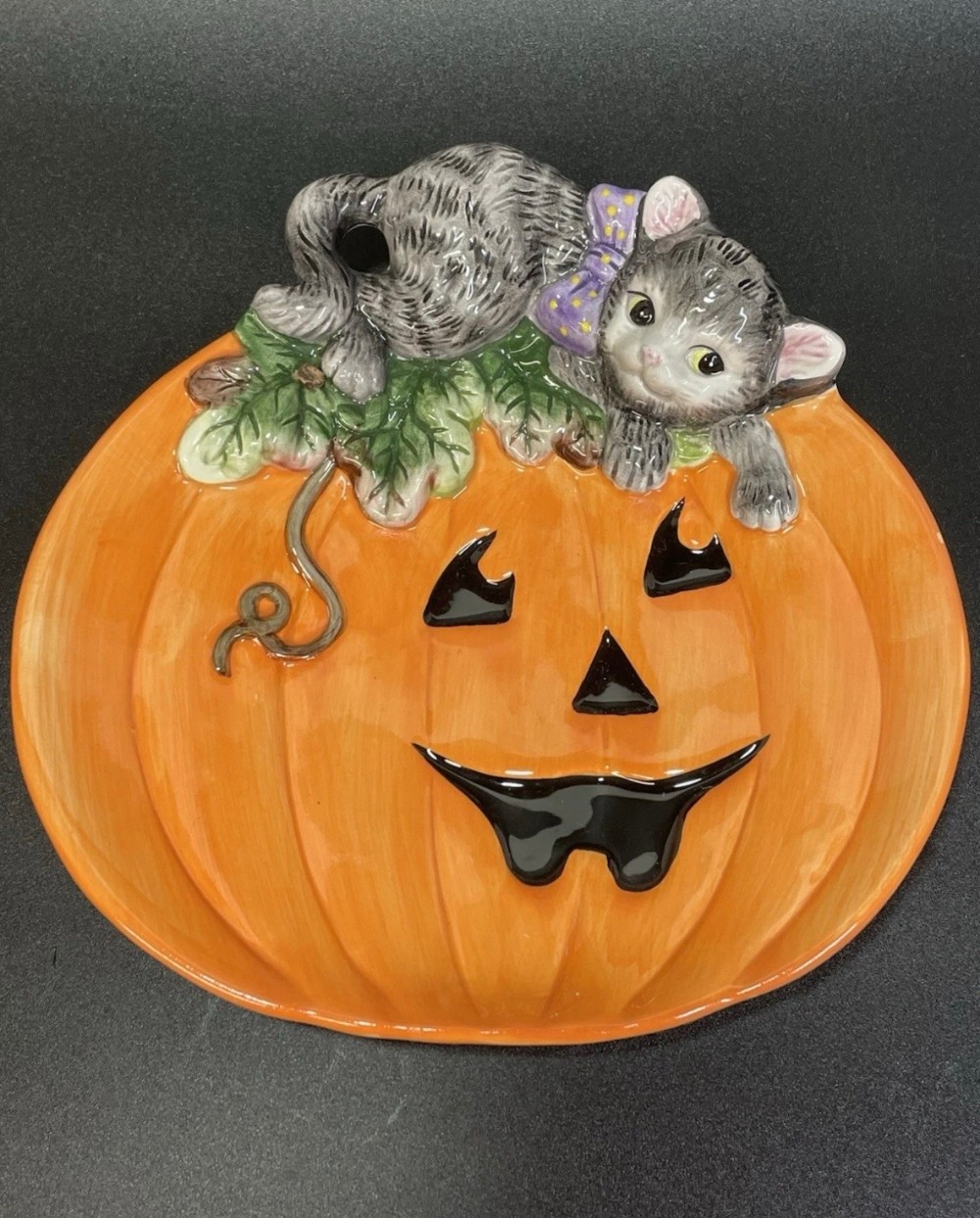 Candy Dish Fitz and Floyd Essentials Halloween Jack-O'-Lantern Pumpkin Gray Cat Ceramic 9