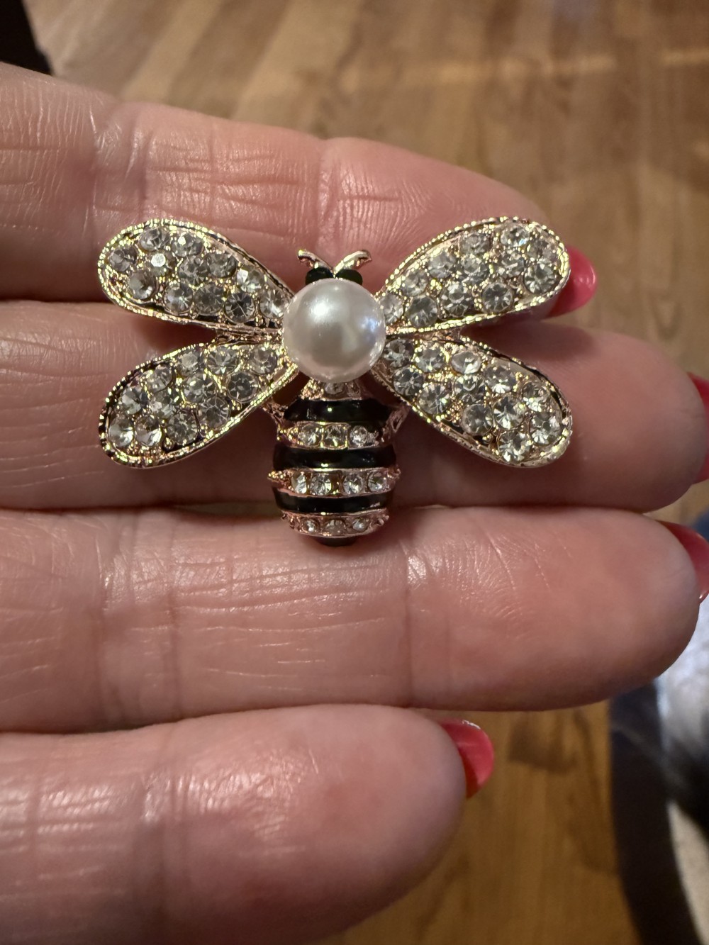 Brooch Pin - Bee Pearl Center Rhinestone Wings Black Enamel Rose Gold