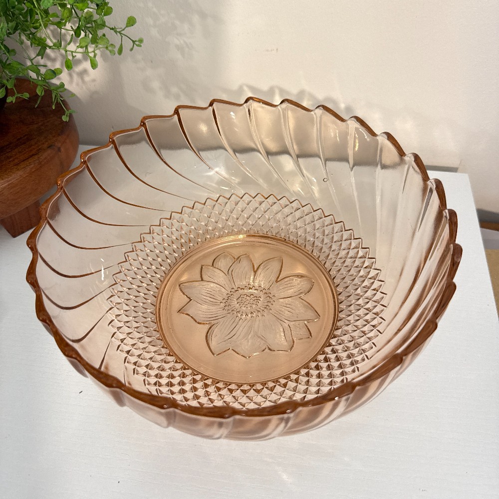 Pink Depression Glass Serving Bowl, Sunflower & Diamond Point