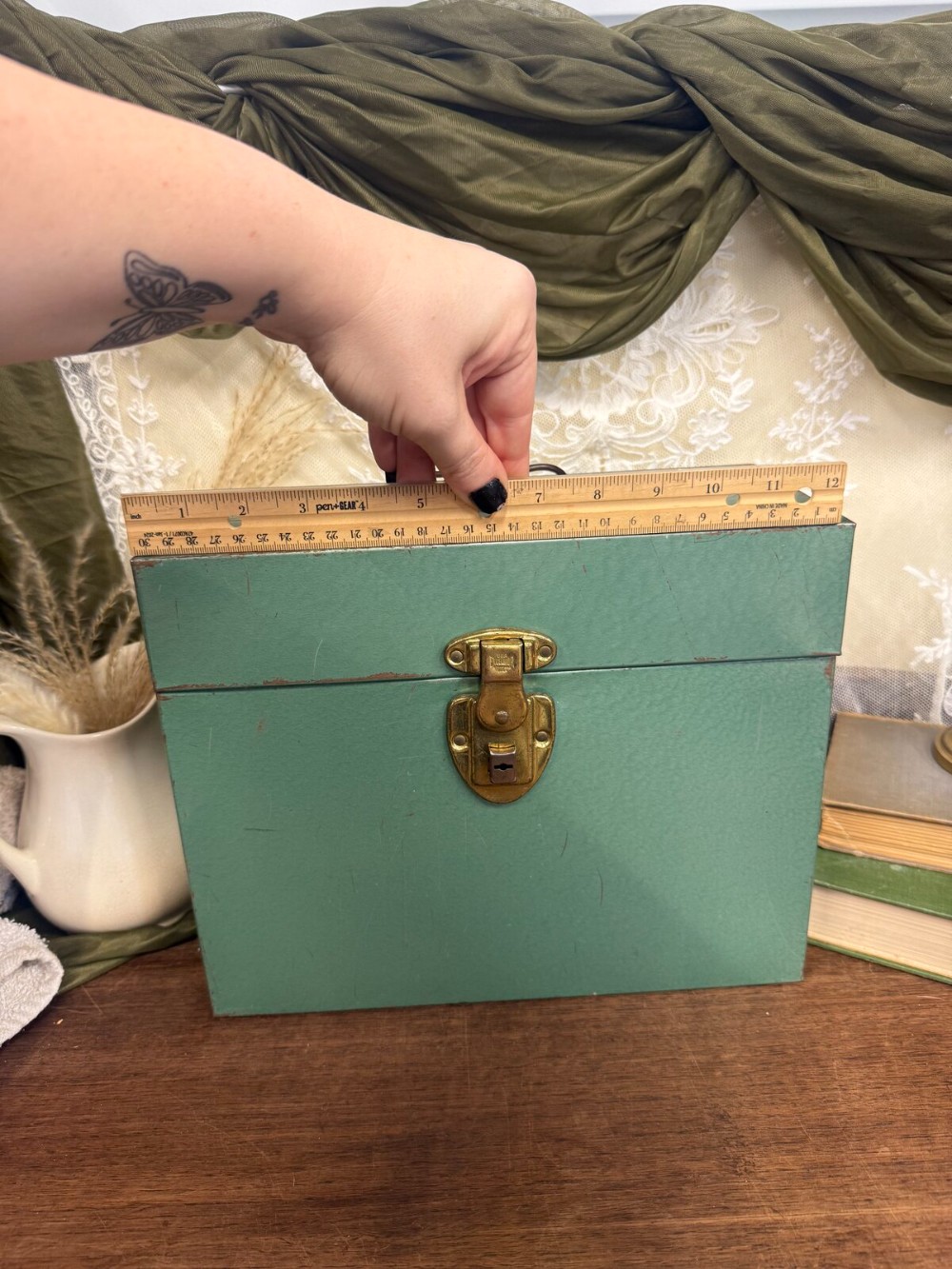 Green Metal File Box with Brass Latch and Handle