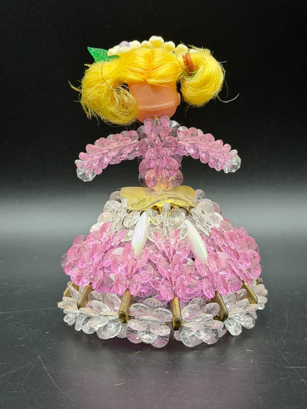 1970s Beaded Safety Pin Doll – Kitschy Pink & Clear Crystal Dress Figurine