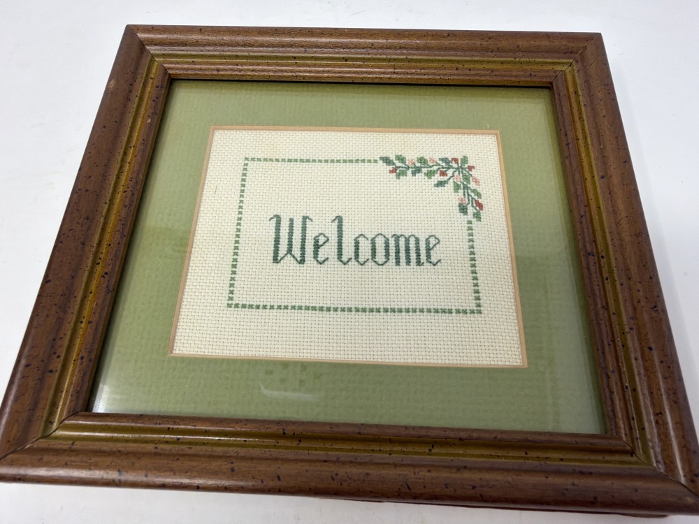 Vtg  Framed “Welcome” Cross Stitch Wall Art