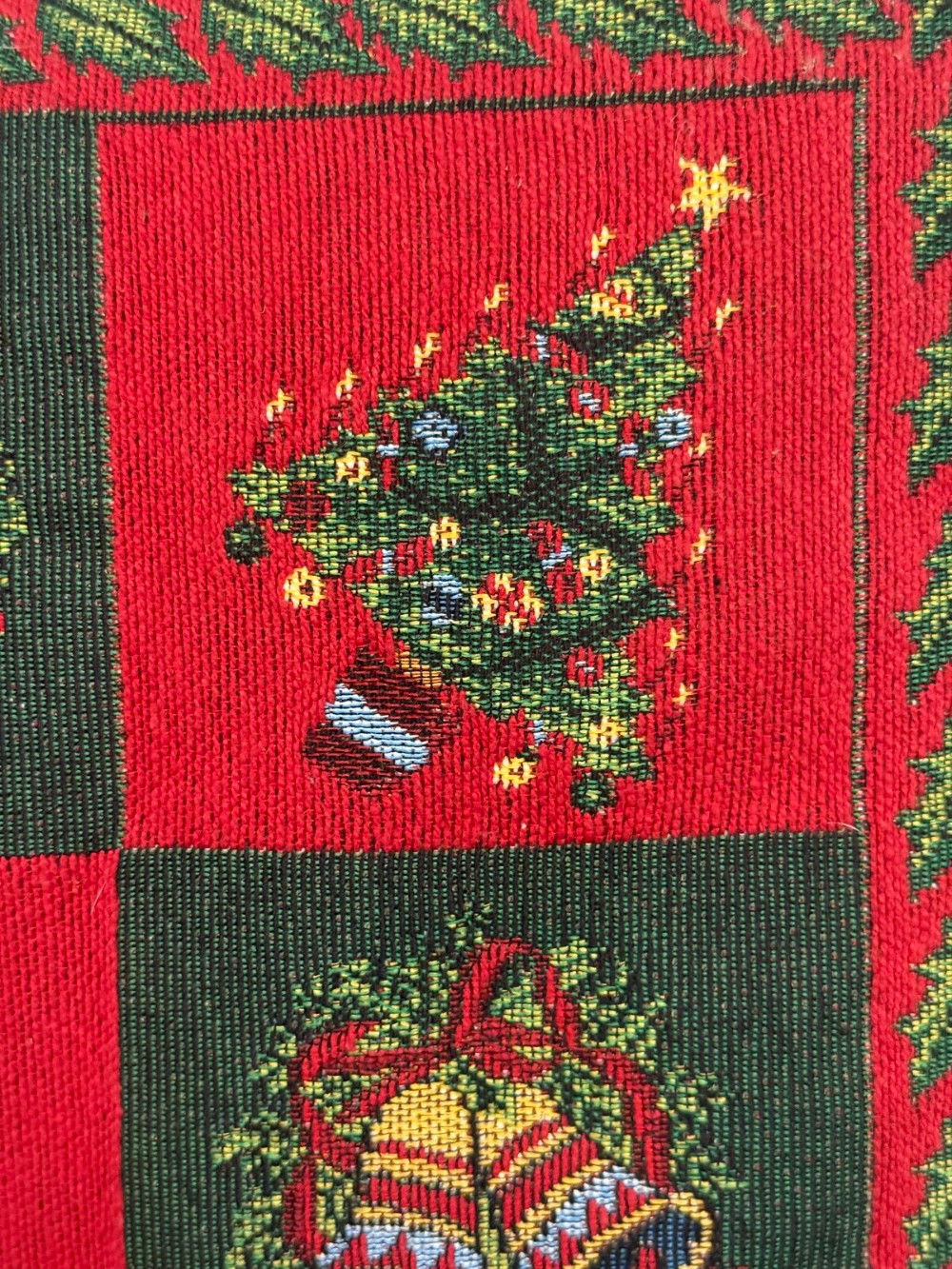 Red Green Tapestry Christmas Pillow Trees Wreaths Bells