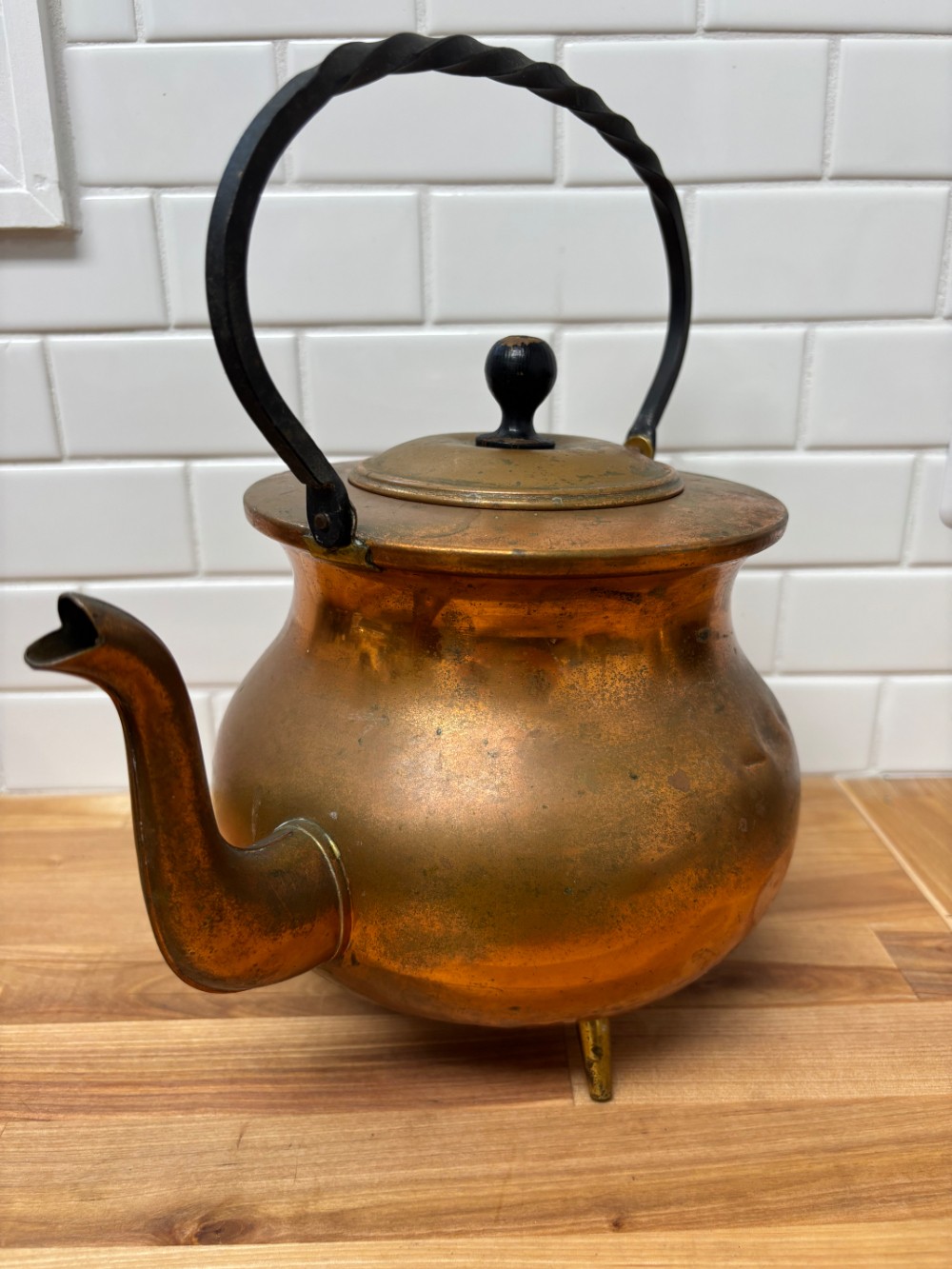 Copper Tea Kettle MCM Hammered Footed Wrought Iron Handle Vintage Unmarked