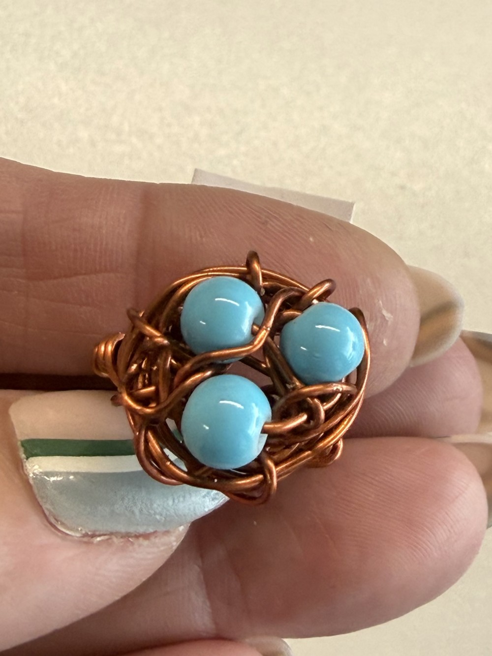 Ring - Bird Nest Brown Wire Wrapped Three Teal Eggs