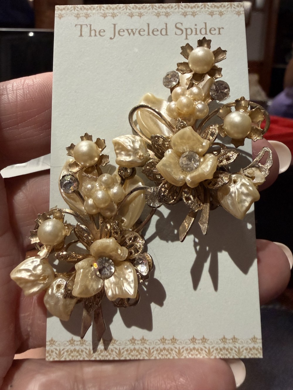 Vintage Floral Pearl and Rhinestone Gold Clip on Earrings