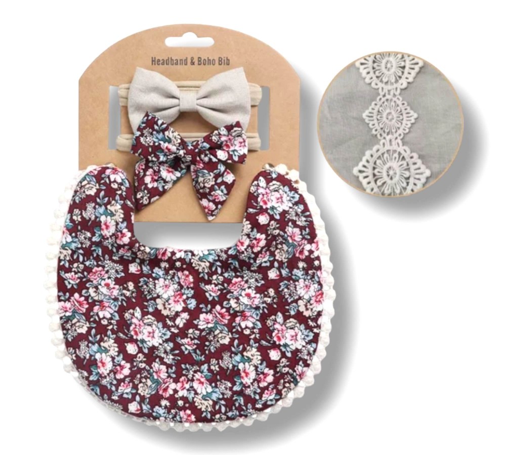 Baby Bib & Headband Set - Wine Floral