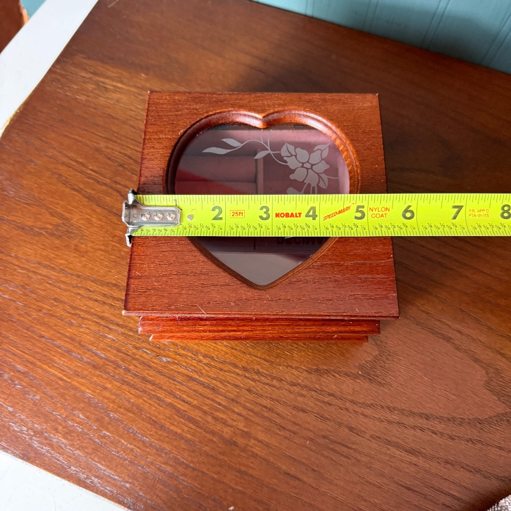 Wood Jewelry Box, Etched Heart Glass Lid