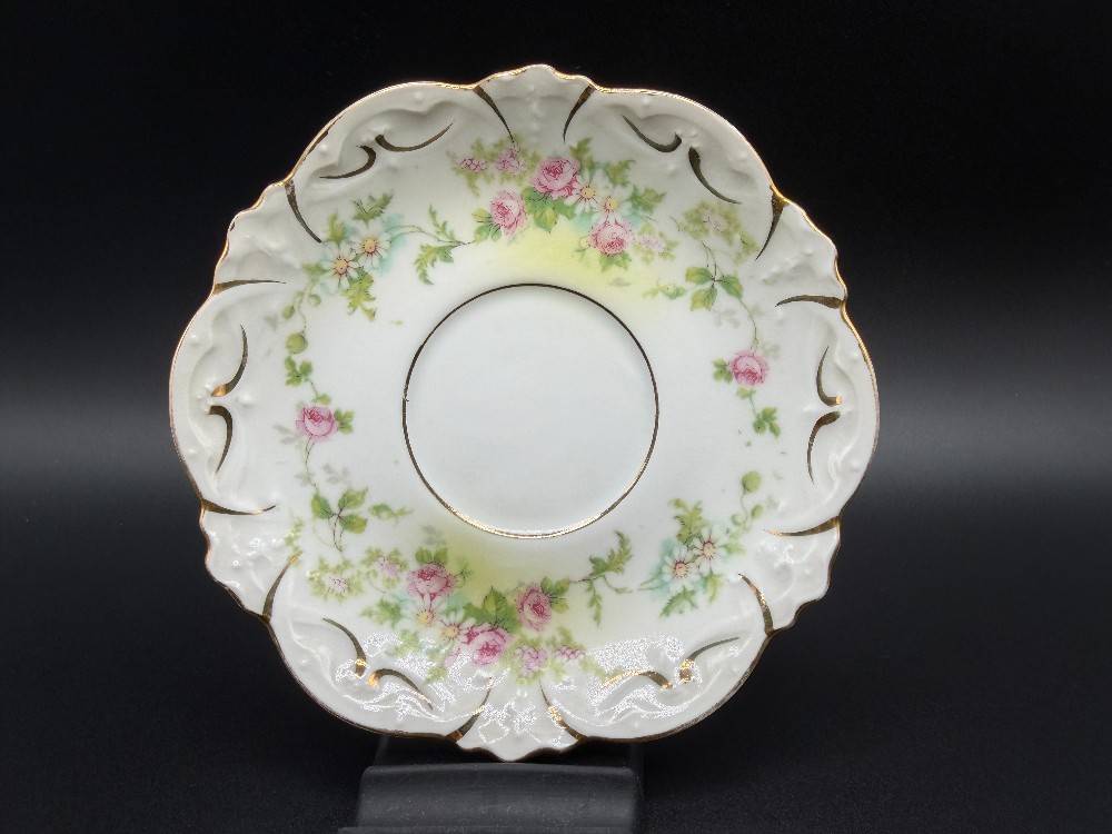 Antique M.Z. Austria Porcelain Scalloped Cocoa Mug and Saucer Set - Pink Rose & Gold Gilt - c. 1884-1909