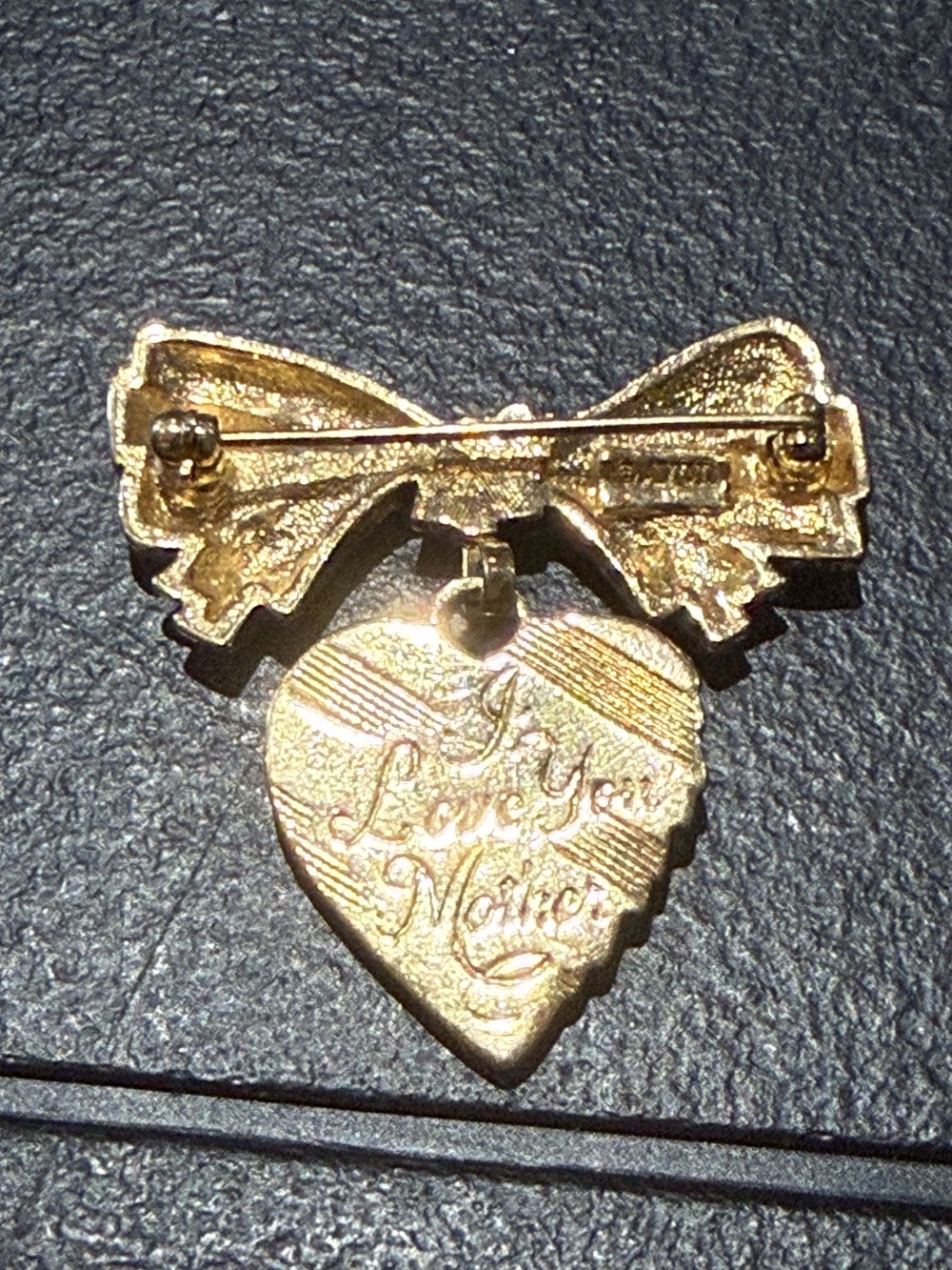 Vintage Gold Bow with Dangling Heart Engraved with I LOVE YOU MOTHER on the back