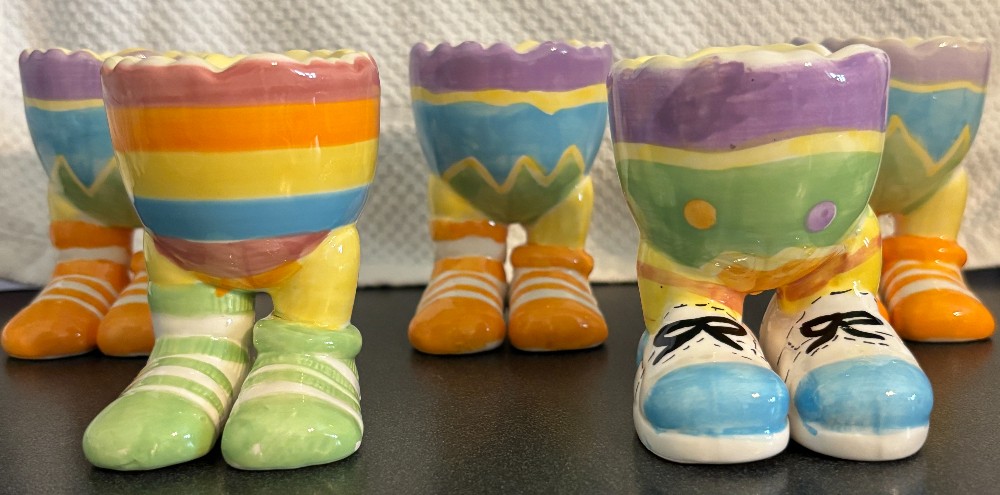 Set of 5 decorated ceranic egg cups striped socks & a tennis shoe
