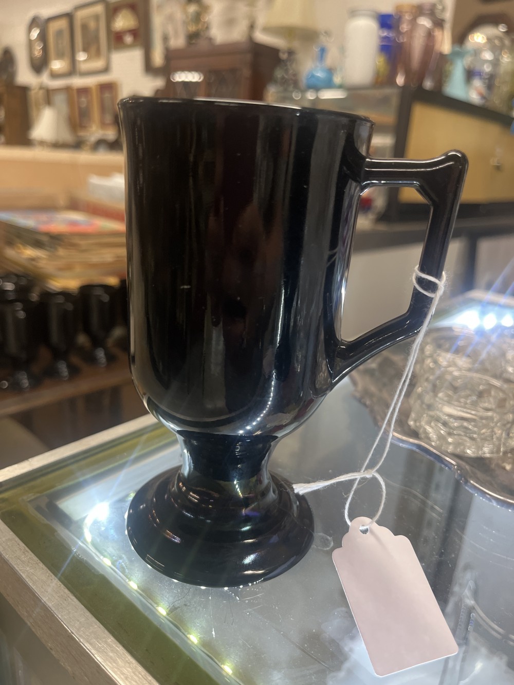 Vtg black amethyst glass pedestal mug