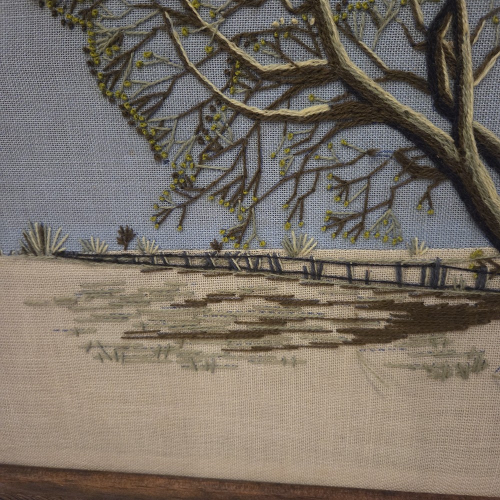 VTG Crewel Paragon Waking Willow Tree Blue Sky Embroidered Framed No Glass