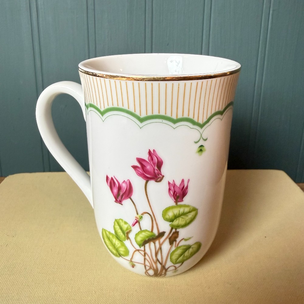 Georges Briard Cyclamen Pattern White Porcelain Mug Gold Trim