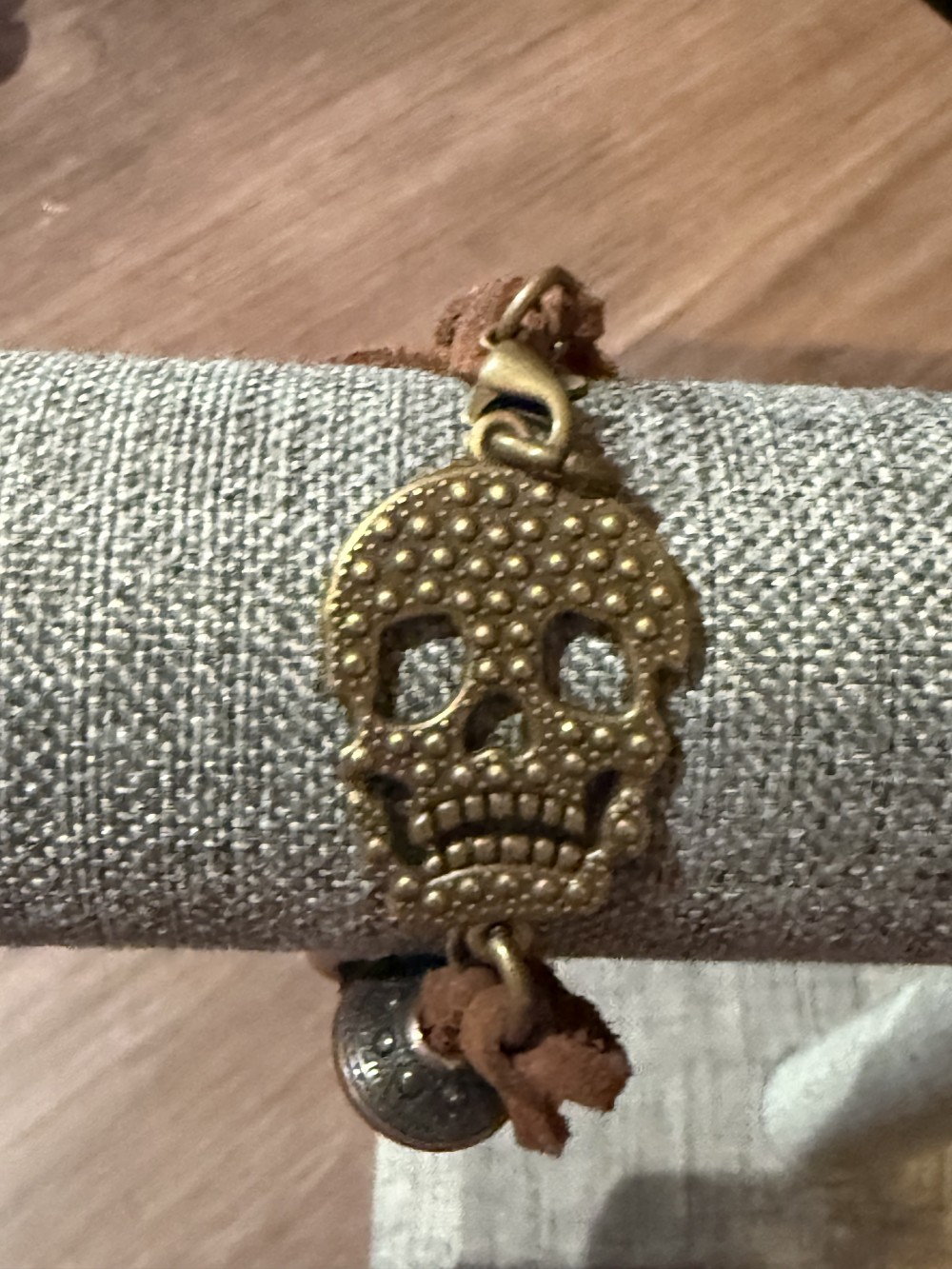 Bracelet - Bronze skull brown leather bead accents