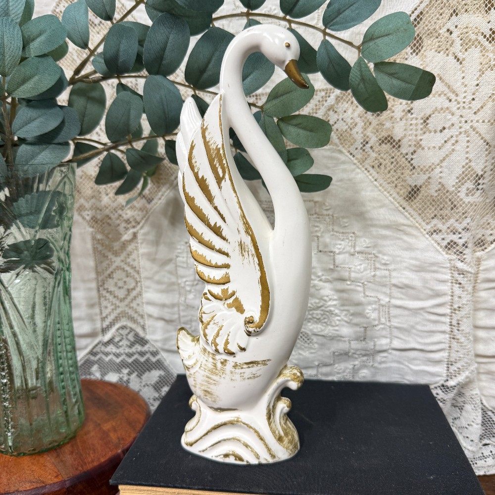 Vintage White & Gold Ceramic Swan Vase | 10