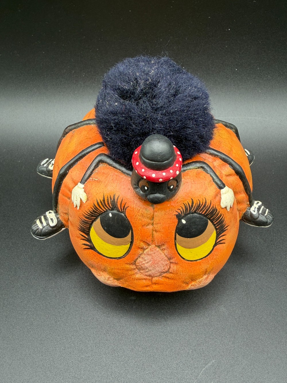 1986 Dona's Molds Hand-Painted Ceramic Pumpkin Spider Figurine - Retro Halloween Kitsch